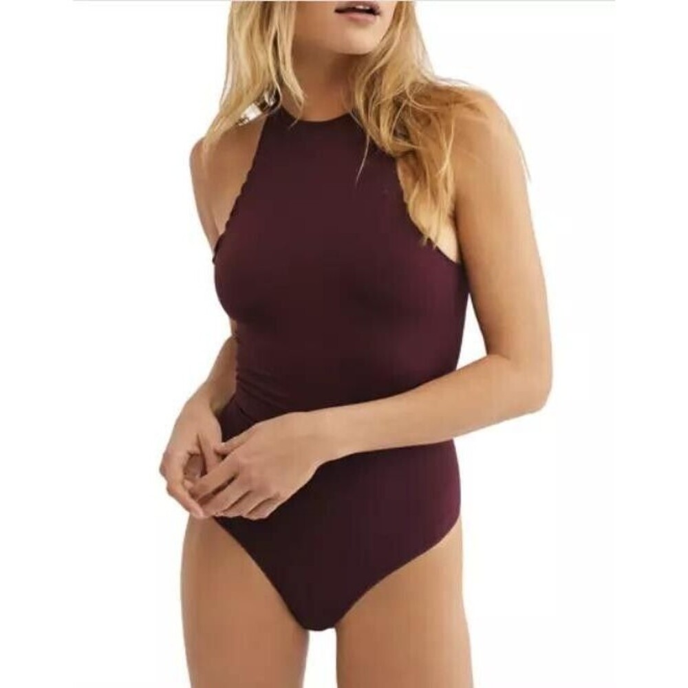NWT Free People Intimately Feels Right Bodysuit Deep Wine High Neck Sz M/L